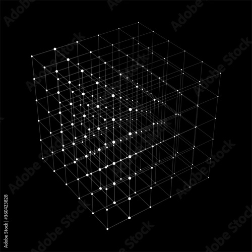 Abstract background with cube. Vector illustration. Technology shape with lines and dots. Futuristic concept. Perspective. Geometric shape. 3d cube icon. Illusive form. Grid structure.