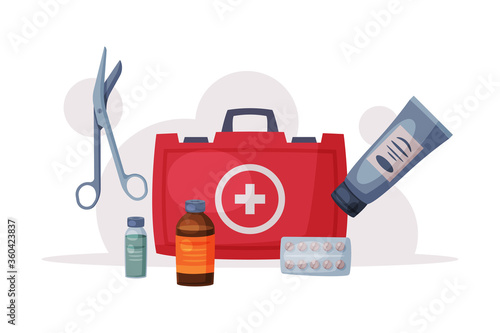 First Aid Kit Box with Medical Equipment and Medications for Emergency Service, Healthcare, Hospital and Diagnostic Flat Vector Illustration
