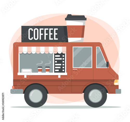 Coffee shop in the truck vector isolated. Street cafe in the van. Hot tasty drink in the cup. City service.
