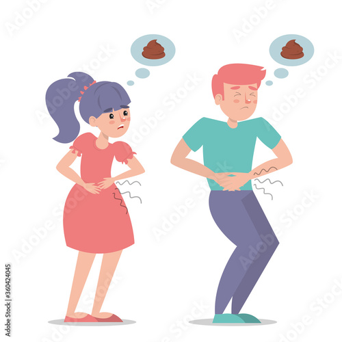 People with a diarrhea vector isolated. Girl and boy with pain in stomach. Belly disease. Person needs to get to the toilet.