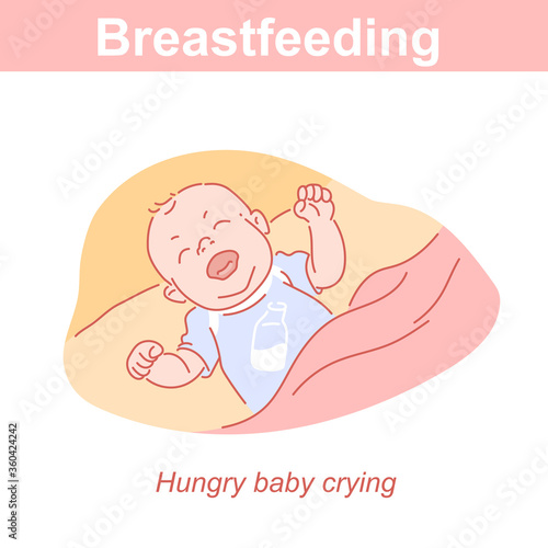 Hungry newborn baby crying. Signs of hunger. Breastfeeding. 