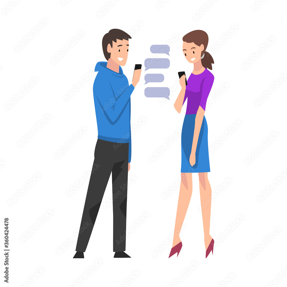 Young Man and Woman Standing with Smartphones, Couple hatting Via Internet Using Digital Gadgets Vector Illustration Young Man and Woman Standing with Smartphones, Couple hatting Via Internet Using Digital Gadgets Vector Illustration