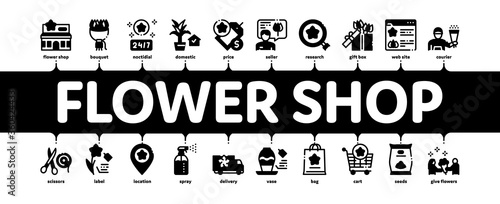 Flower Shop Boutique Minimal Infographic Web Banner Vector. Flower Store Building And Delivery, Floral Present And Vase, Internet Web Site And Bag Illustration
