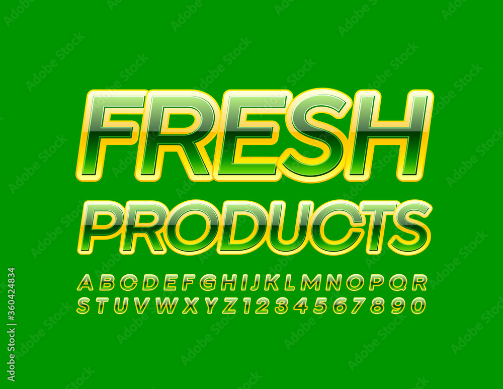 Vectr shiny logo Fresh Products with Glossy Green and Yellow Font. Bright Alphabet Letters and Numbers Vectr shiny logo Fresh Products with Glossy Green and Yellow Font. Bright Alphabet Letters and Numbers
