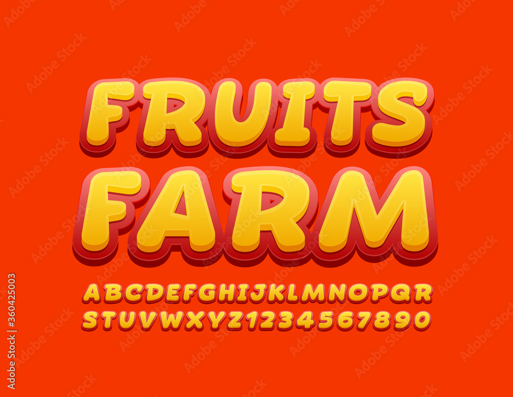 Vector bright logo Fruits Farm. Modern Red and Yellow Font. Creative Alphabet Letters and Numbers Vector bright logo Fruits Farm. Modern Red and Yellow Font. Creative Alphabet Letters and Numbers