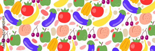 Fruits and vegetables color wide banner with tomato  eggplant  apple
