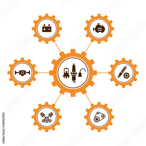 A group of vector images, icons and logos with car parts, batteries, transmission, electrical equipment, engines and other special equipment. Car service. Auto parts store.