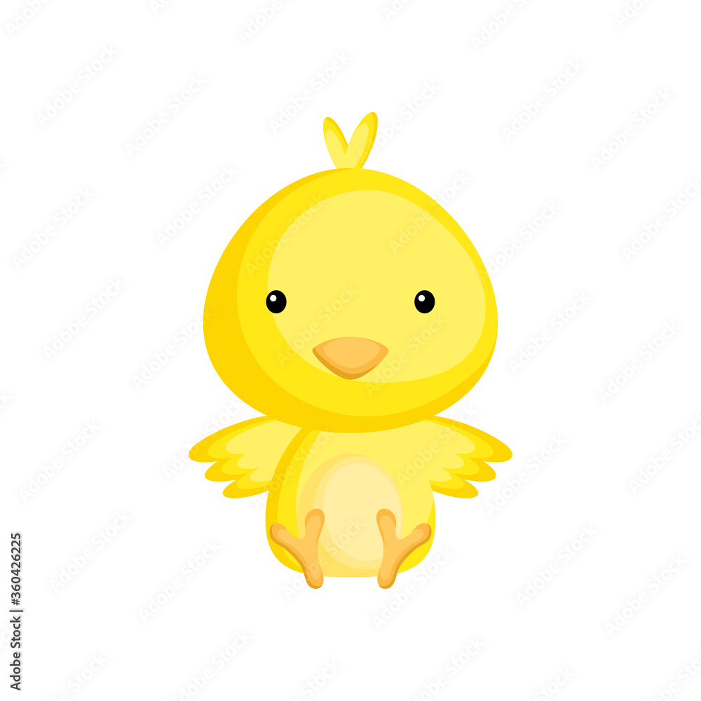 Cute baby chicken sitting isolated on white background. Adorable animal character for design of album, scrapbook, card, invitation on baby shower, party. Flat cartoon colorful vector illustration.