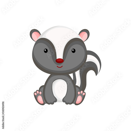 Cute baby skunk sitting isolated on white background. Adorable animal character for design of album, scrapbook, card, invitation on baby shower, party. Flat cartoon colorful vector illustration.
