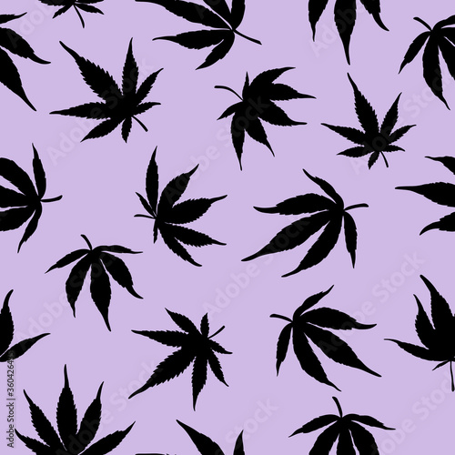 Seamless pattern of black marijuana on a violet background.Black hemp leaves on a violet background. Cannabis pattern
