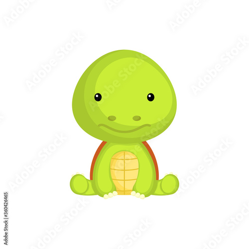 Cute baby turtle sitting isolated on white background. Adorable animal character for design of album, scrapbook, card, invitation on baby shower, party. Flat cartoon colorful vector illustration.
