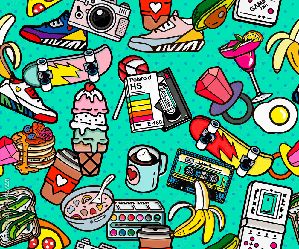 Memphis pattern of geometric shapes with old-fashioned retro stuff with a game, vhs cassette, skate, stick candy, sneakers and an old audio cassette. items on the theme of nastalgia 90s-80s, for fabri Memphis pattern of geometric shapes with old-fashioned retro stuff with a game, vhs cassette, skate, stick candy, sneakers and an old audio cassette. items on the theme of nastalgia 90s-80s, for fabri