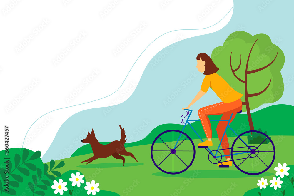 Fototapeta premium Woman riding a Bicycle with the dog in the Park. Summer landscape with trees and flowers.