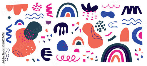 Set of vector hand drawn blue and pink shapes and doodle objects on white background. Abstract modern modern trendy vector illustration. Stamp texture, rainbow, spot, line, zigzags.