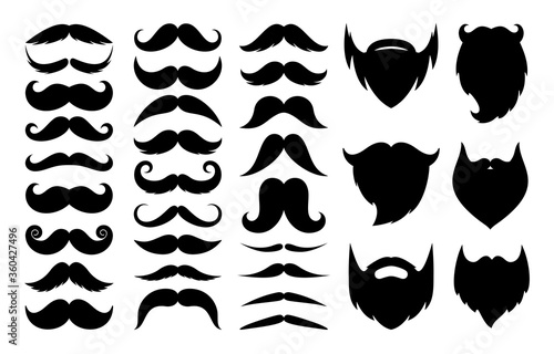 Set of moustache. Vector collection of black silhouettes mustaches and beards for logo, icon, booth, accessories, father's day isolated on white background. Moustache gentleman. Men health symbol
