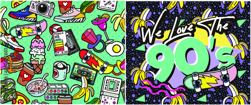 Set of vector banners in trendy 80s-90s memphis style. with old-fashioned retro stuff with a game, vhs cassette, skate, stick candy, sneakers and an old audio cassette. Can be used in cover design, bo