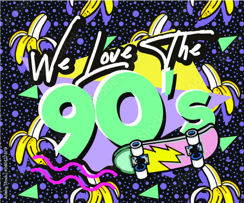 Retro party poster. Nineties music, with old-fashioned retro stuff with a game, vhs cassette, skate, stick candy, sneakers and an old audio cassette. invitation card, dance time parties advertisement 