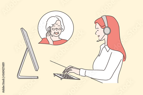 Service, call center, work, communication concept. Young woman operator consultant cartoon character with headset talking with senior citizen old female online. Remote customer support illustration.