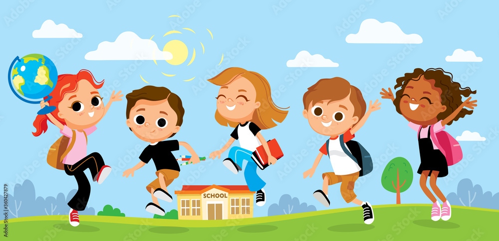 Smiling children having fun outdoors. Group of pupils on outdoor break. Smiling children having fun outdoors. Group of pupils on outdoor break.