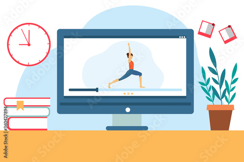 Yoga classes at home. Online learning. Vector illustration in flat style.
