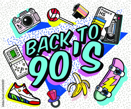 Retro party poster. Nineties music, with old-fashioned retro stuff with a game, vhs cassette, skate, stick candy, sneakers and an old audio cassette. invitation card, dance time parties advertisement 