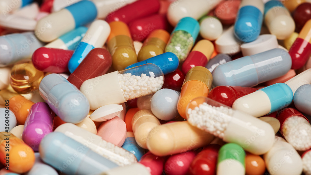 Close-up of many colorful medicines drugs Close-up of many colorful medicines drugs