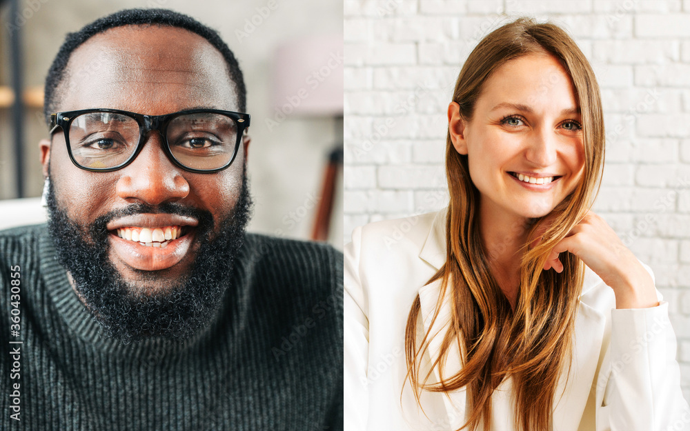 Photo collage of two people talking online via video connection. Webcam shots of african-american guy and caucasian girl are employees or friends sharing screen Photo collage of two people talking online via video connection. Webcam shots of african-american guy and caucasian girl are employees or friends sharing screen