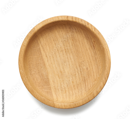 empty brown round wooden plate isolated on white background