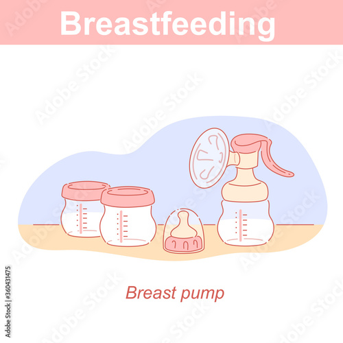 Breastfeeding accessories. Hand breast pump and container for milk.