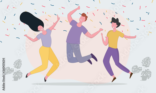 Group of young happy dancers or men and women Friends together. People celebrate success together. Colorful vector illustration in flat cartoon style.