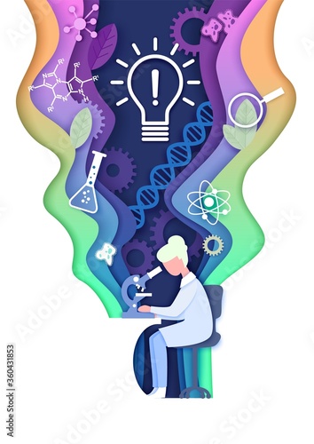 Vector layered paper cut style science learning composition. Science education lab, innovation light bulb, dna research, scientific experiment concept.
