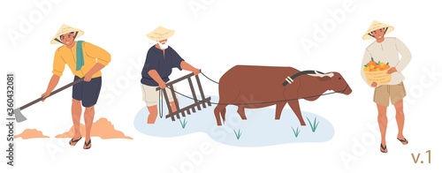 Asian farmer male character set, vector flat isolated illustration. People wearing conical hats digging soil, growing rice in paddy field and harvesting fruit. Asian agricultural industry.