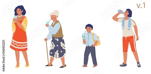 People of different ages drinking water, vector flat isolated illustration. Young man and woman, schoolboy, grandmother drinking pure fresh water from plastic bottle and glasses with straws.