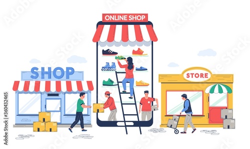 Online to offline commerce, vector flat illustration. O2O retail and electronic commerce business strategy. Potential online consumers making purchases in physical stores.