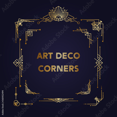 Art Deco Vintage corners. 1920s Old Antique Vector collection. Set of retro linear elements for greeting cards, invitations, banners, page design. Perfect decorations for Roaring 20s style