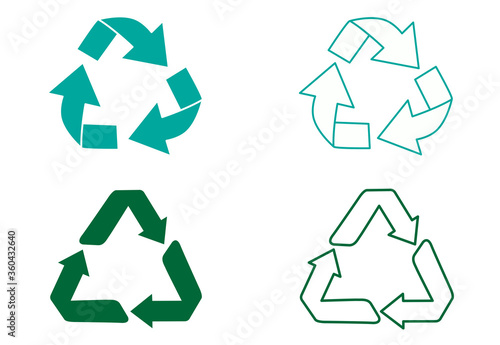Green recycle icon set vector isolated on white background. Trendy recycle icons in flat style. Template for sticker, symbol, logo, app and label. Eco recycling sign. Vector illustration