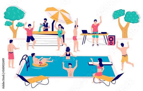 Swimming pool party vector concept flat style design illustration. Happy people swimming in pool, floating in rubber ring, dancing, drinking beer and having fun. Summer vacation in hotel resort.