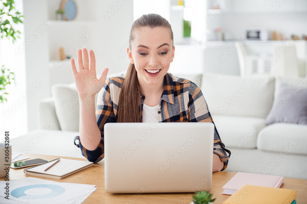 Photo of young cheerful lady student laptop notebook desktop meeting video call say hi online lesson conference study concept good mood social distance quarantine indoors Photo of young cheerful lady student laptop notebook desktop meeting video call say hi online lesson conference study concept good mood social distance quarantine indoors