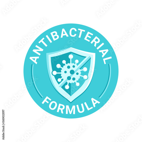 Antibacterial formula pictogram - shield with crossed bacteries inside - vector isolated stamp for antiseptic cosmetics and medical pharmaceutical products