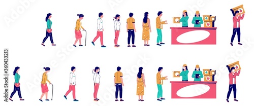 People waiting in line for humanitarian aid, vector flat illustration. Refugee needy elderly standing right behind people in one line and keeping social distancing, wearing face masks in other queue.