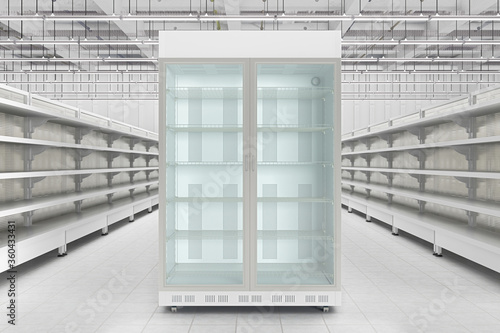 Obraz na plátně Supermarket fridge mockup in store interior with empty refrigerator shelf