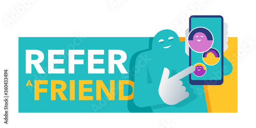 Refer a friend - referral program creative banner - absctract character holding phone and shows his friends (people icons, avatars) - vector illustration or web button