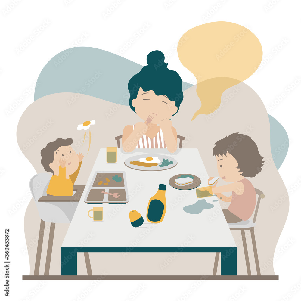 Flat design, family routine, a tired-looked mommy has breakfast with her children on messy dining table Flat design, family routine, a tired-looked mommy has breakfast with her children on messy dining table
