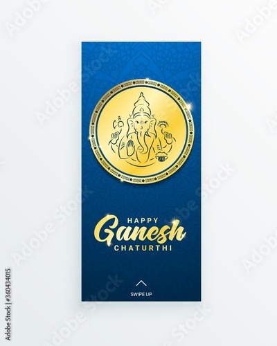Ganesh chaturthi or Vinayaka Chaturthi Hindu festival celebrating the arrival of Ganesha to earth vertical story template. Gold round medal plate with Ganesha with elephant head and mandala ornament.