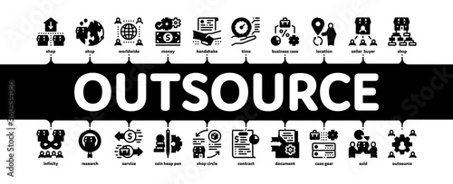 Outsource Management Minimal Infographic Web Banner Vector. Outsource Team And World Business Process, Agreement Document And Job Payment Illustration
