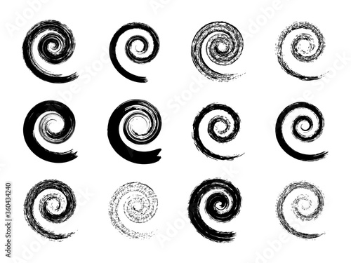 Set of spiral symbols. Hand painted with ink watercolor brush. Modern swirling blob button. Decorative circular coil ornament. Graphic design element. Vector photo
