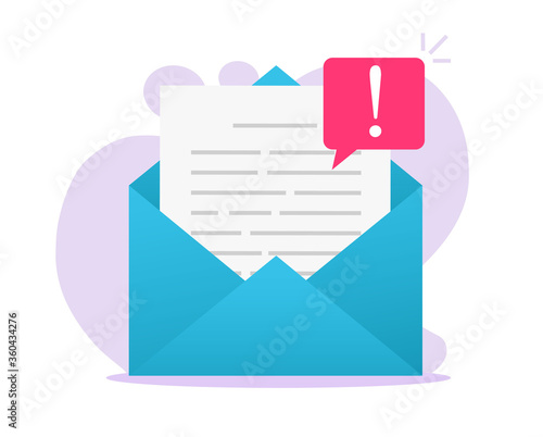 Email online scam malware caution message file notice on electronic document or internet digital web mail letter and fraud warming alert vector flat, insecure network data phishing risk attachment