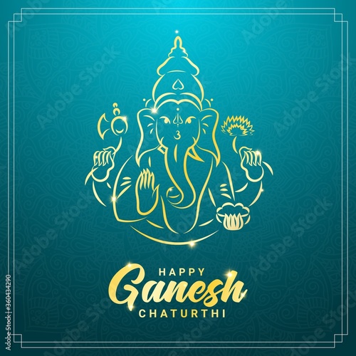 Ganesh chaturthi or Vinayaka Chaturthi Hindu festival celebrating the arrival of Ganesha to earth square banner template. Gold contour image of Ganesha with elephant head and mandala ornament.