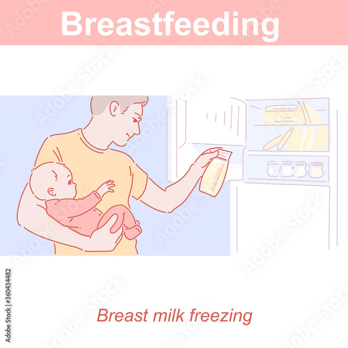 Feeding with breast milk. Father and baby getting frozen milk from refrigerator.