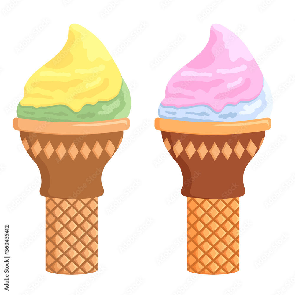 Fruit ice cream in a waffle cup. Summer vector illustration. Lemon. Peppermint. Kiwi. Strawberries. Raspberry. Blueberry. Fruit ice cream in a waffle cup. Summer vector illustration. Lemon. Peppermint. Kiwi. Strawberries. Raspberry. Blueberry.
